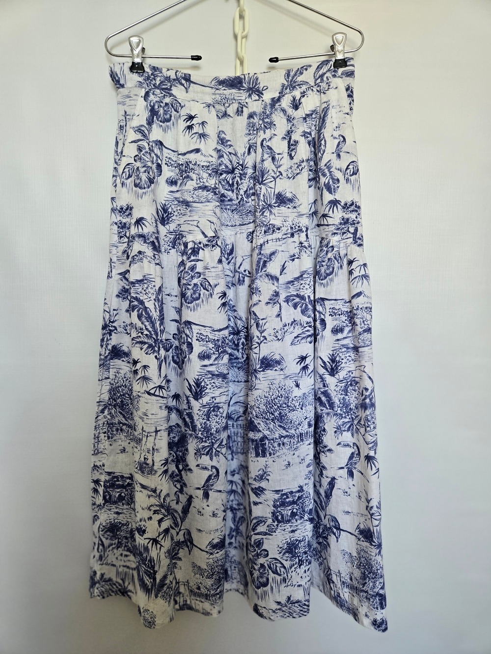 JOIE MAXI-MIDI SKIRT 100% LINEN WOMEN BLUE WHITE TOILE HAWAIIAN TROPICAL SZ MED - Picture 1 of 8